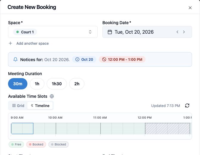 Spacebook booking form showing a court maintenance block with available alternatives