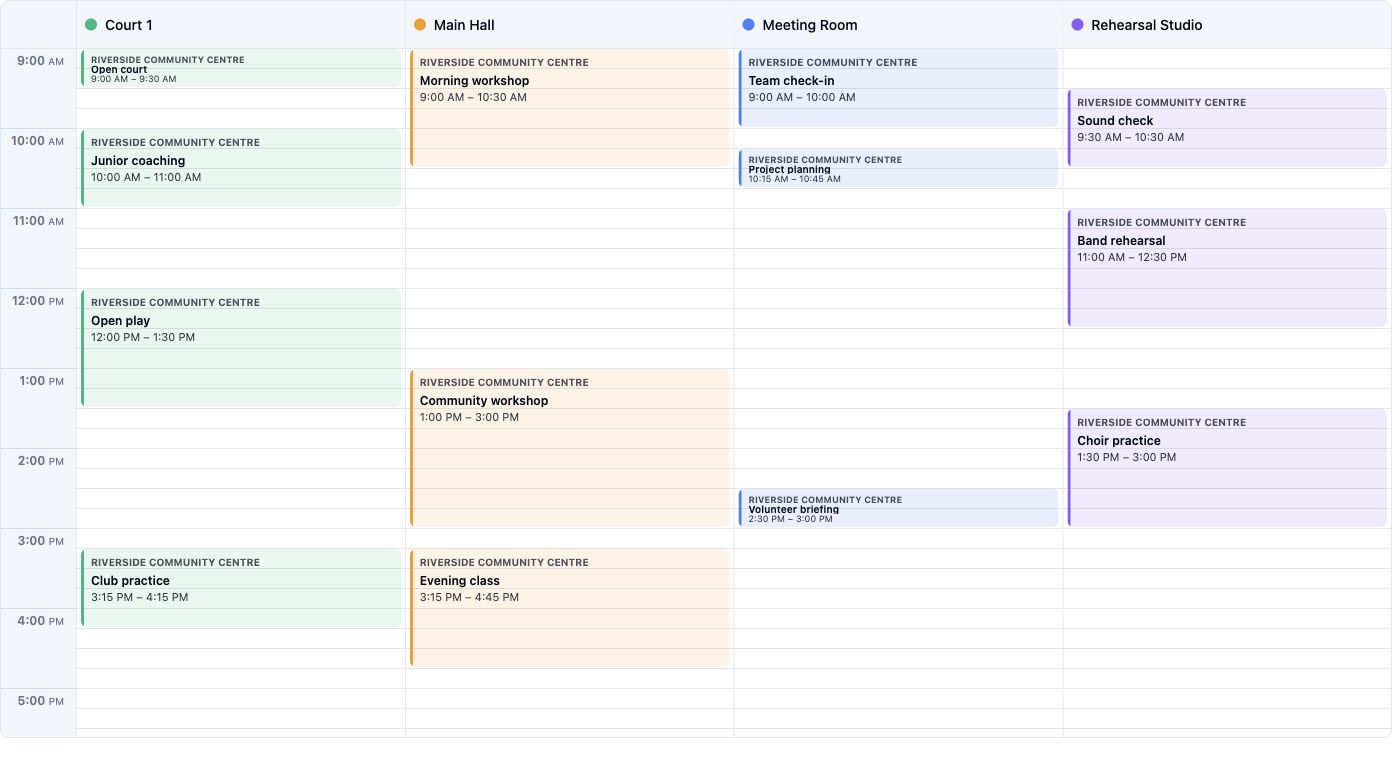 Spacebook shared calendar with bookings across Court 1, Main Hall, Meeting Room, and Rehearsal Studio