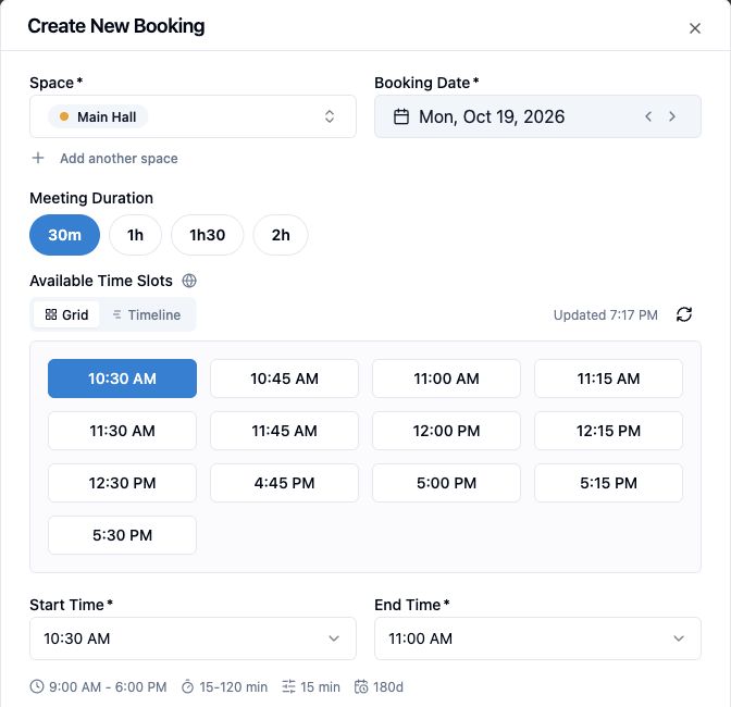 Spacebook booking form showing Main Hall availability between reservations
