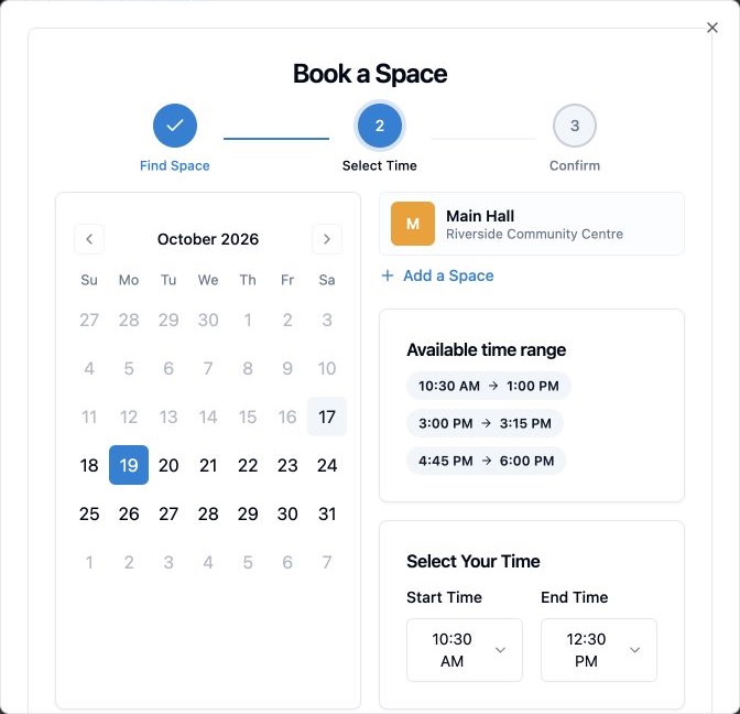 Real Spacebook public booking form showing available Main Hall times around existing reservations