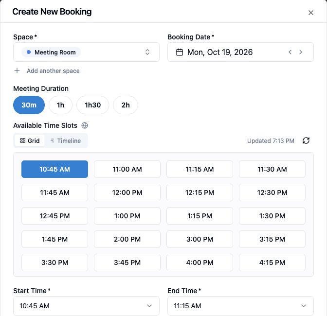 Spacebook booking form showing available meeting-room start times for a selected date and duration