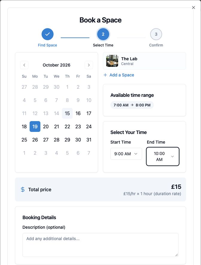 Spacebook public booking page for The Lab showing a selected time and a £15 total price