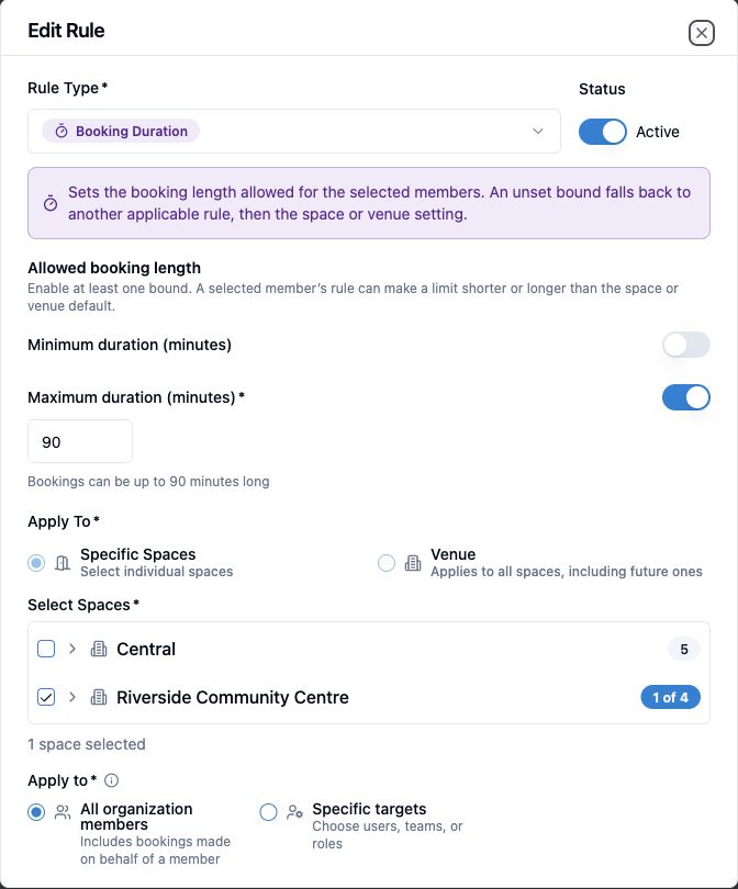 Spacebook rule editor limiting bookings at Riverside Community Centre to 90 minutes for all organization members