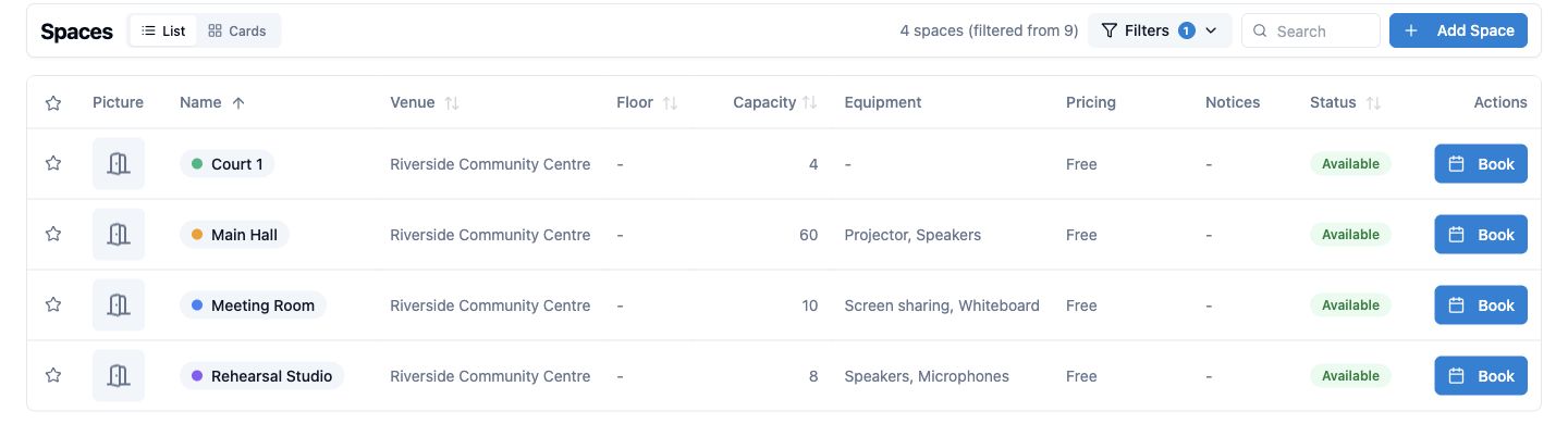 Real Spacebook spaces list showing Main Hall, Court 1, Meeting Room and Rehearsal Studio