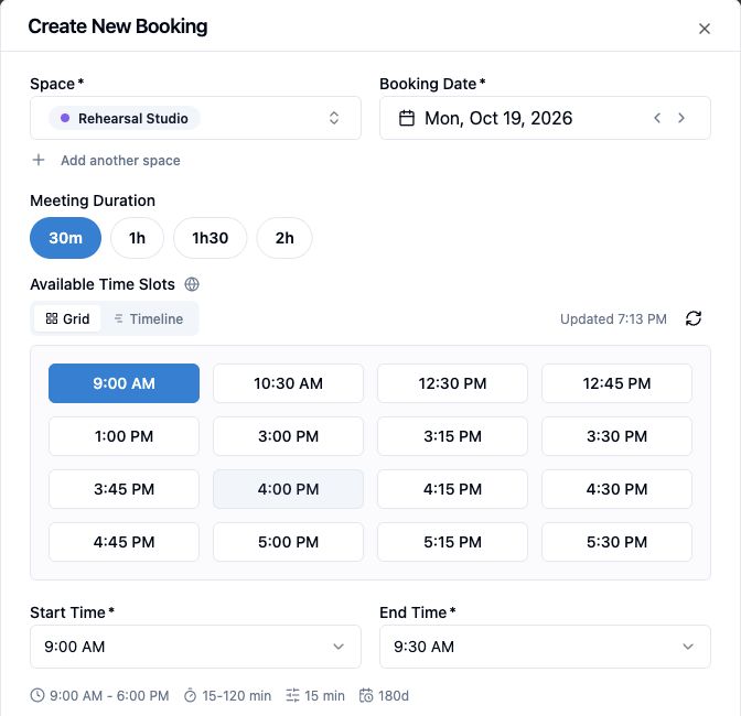 Real Rehearsal Studio booking form with a 90-minute session already scheduled