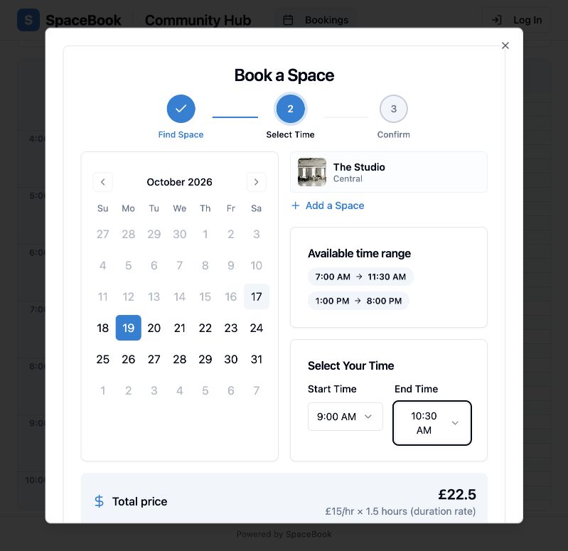 Real Spacebook public booking flow for The Studio showing available time ranges, a selected 90-minute slot, and its calculated price